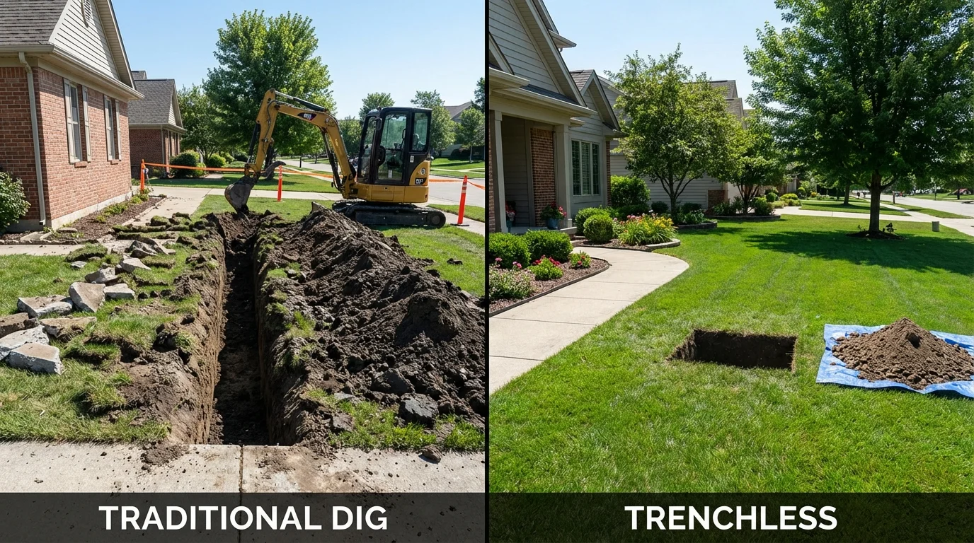 Trenchless sewer repair with minimal yard damage versus traditional excavation in Fords, NJ