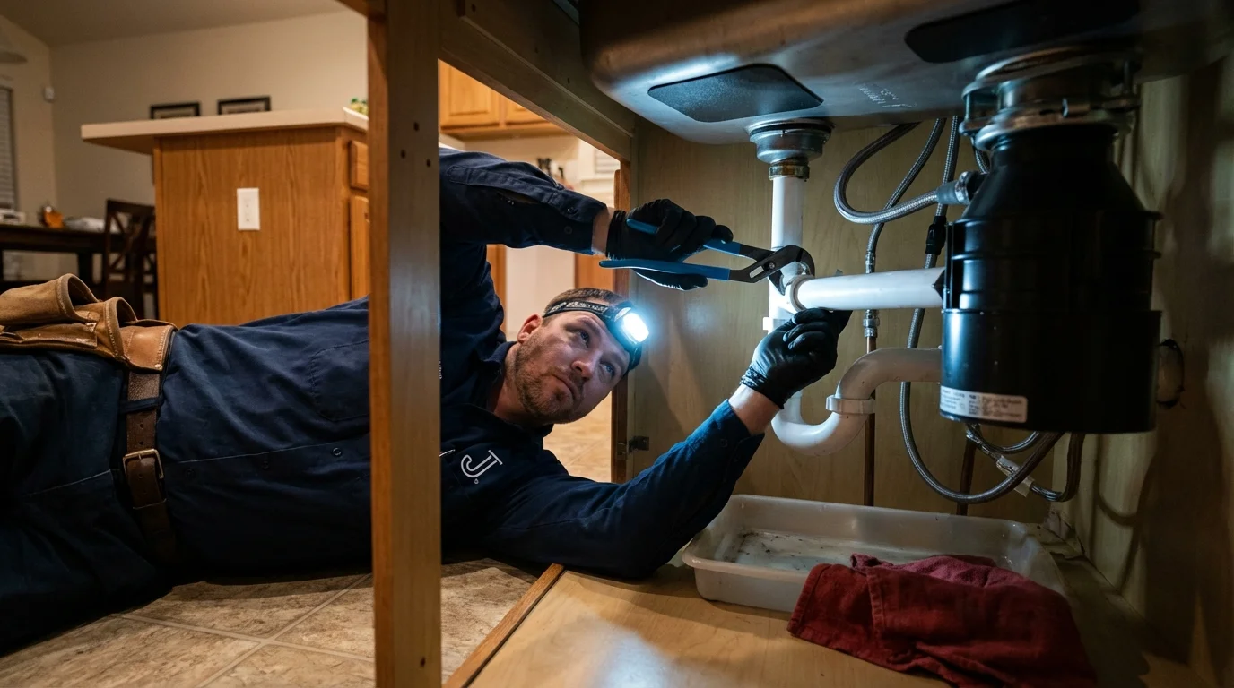 P-trap and supply line connections under a kitchen sink showing a common leak point in Fords, NJ